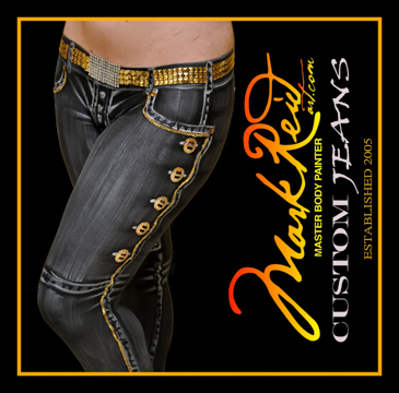 close view of a woman's legs painted with black jeans and very detail gold highlights